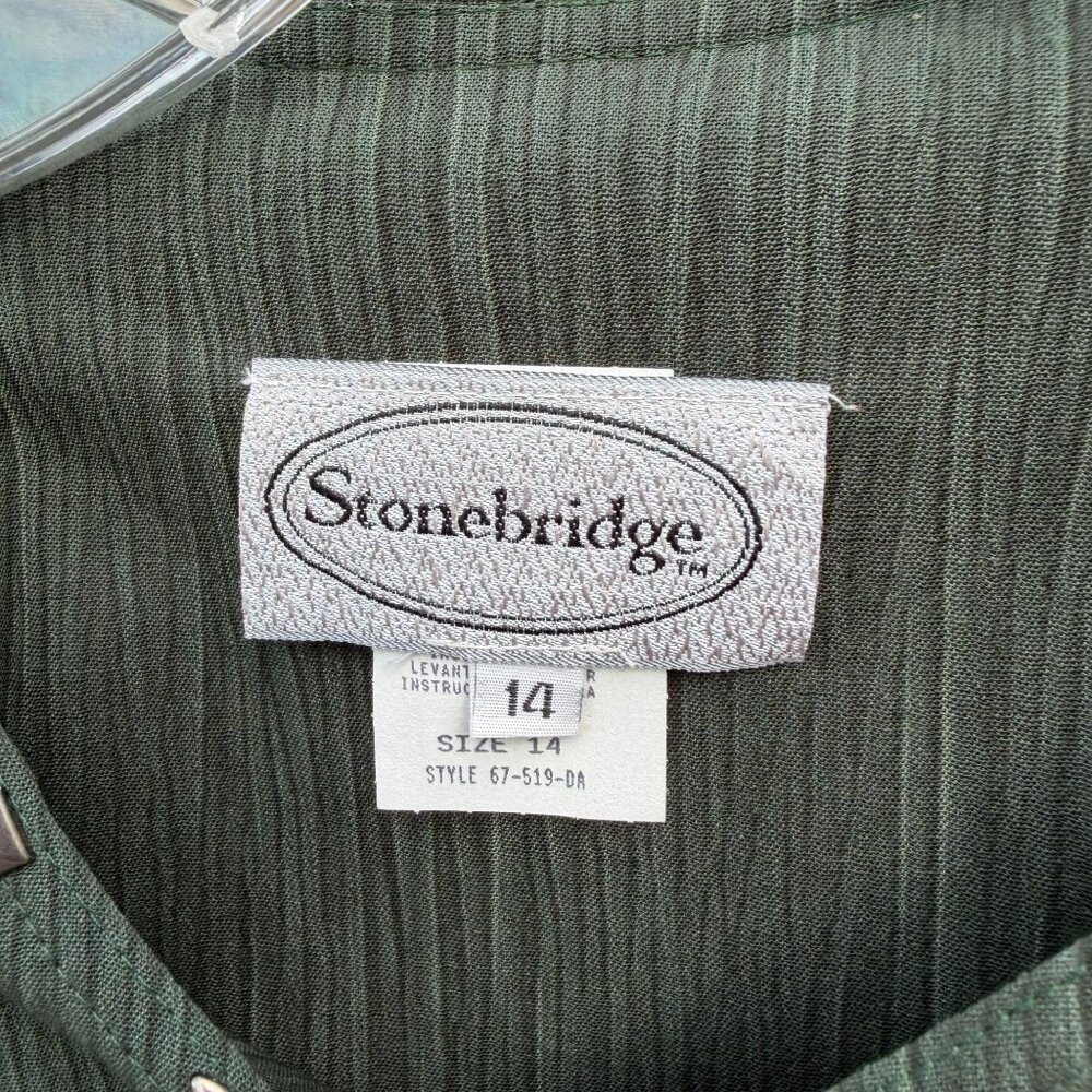 Stonebridge VTG Western Dress 14 Dark Green Crinkle Pleated Elegant Flowy Button - Picture 5 of 6